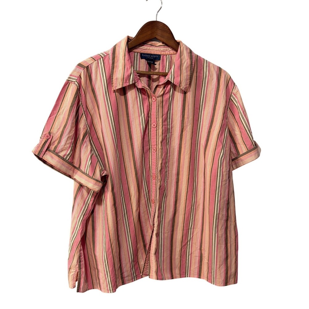 Karen Scott Pink Striped Short Sleeve Button Up Shirt Women Plus Size 2X Cotton